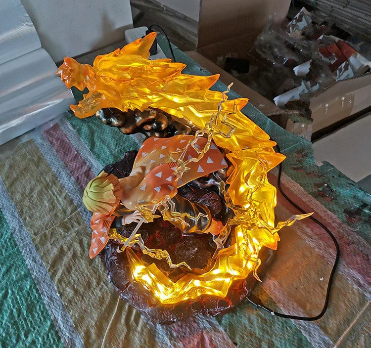 Demon Slayer Zenitsu Agatsuma Figure, Zenitsu Thunder Breathing Battle Statue with LED Light Dragon Effect Base, Anime Collectible Figurine, Desktop Display Model Toy, Gift for Demon Slayer Fans