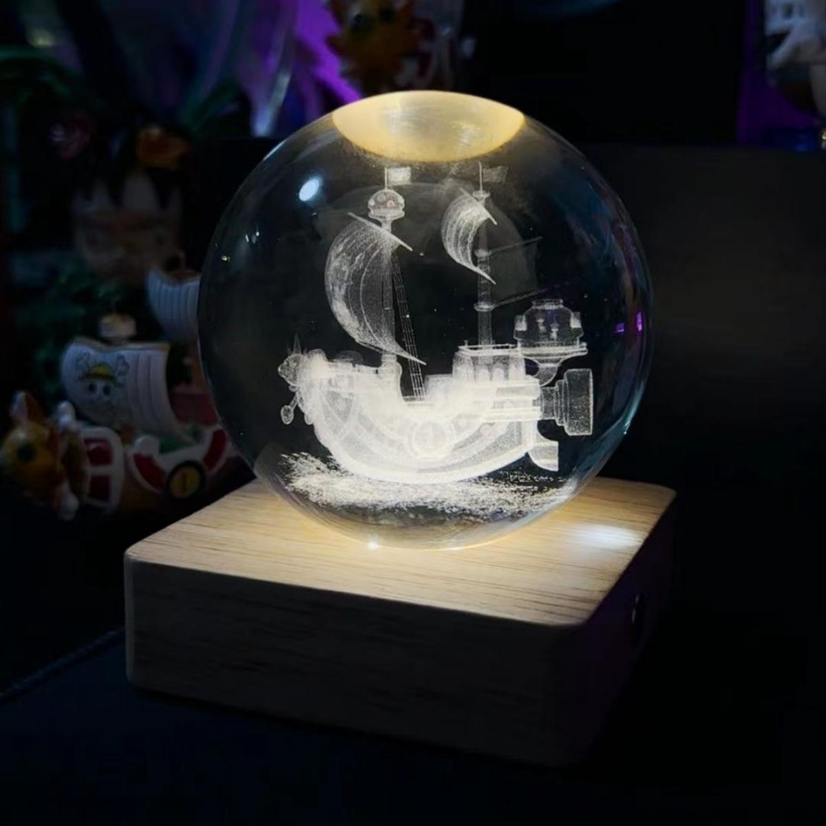 One Piece Thousand Sunny & Going Merry 3D Laser Engraved Crystal Ball Night Light, Anime Pirate Ship Crystal Sphere Lamp, USB Powered Wooden LED Base, Desk Decor Collectible Gift for One Piece Fans