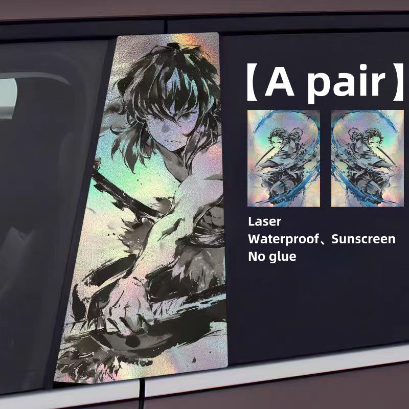 Demon Slayer Anime Car Window Pillar Decals, Laser Holographic Anime Character Car B Column Stickers, Waterproof PET Car Center Pillar Decor Stickers, 1 Pair Anime Car Accessories for Demon Slayer Fans
