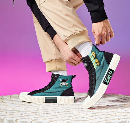 One Piece Zoro High Top Canvas Sneakers, Unisex Lace-Up Thick Ribbed Cookie Sole Skate Shoes, Green Black Anime Casual Footwear, One Piece Anime Streetwear Sneakers, Anime Fan Collectible Gift