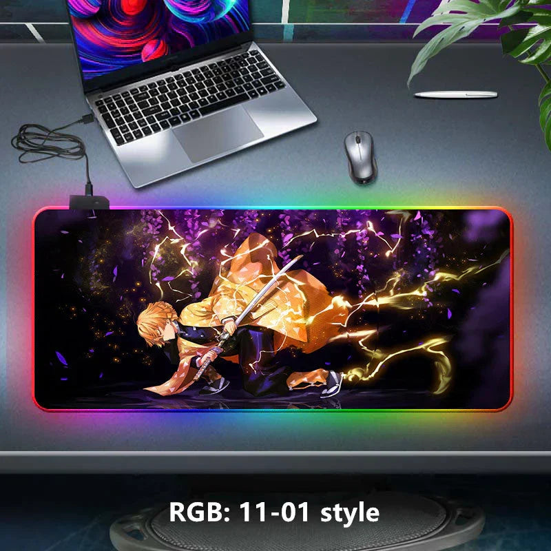 Demon Slayer RGB Gaming Mouse Pad, Large Extended Anime Desk Mat, LED Glowing Non-Slip Rubber Keyboard Pad, Multiple Nezuko Tanjiro Designs, Waterproof Desk Pad for PC Gamers