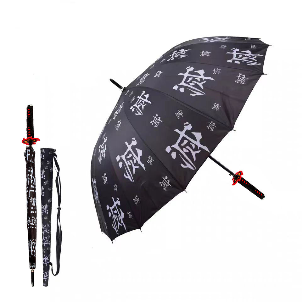 Demon Slayer Anime Sword Umbrella, Katana Shape Handle Long Rain Umbrella, Tanjirou Zenitsu Shinobu Pattern Parasol, Windproof Sun Rain Umbrella, Demon Slayer Cosplay Merch Gift for Anime Fans