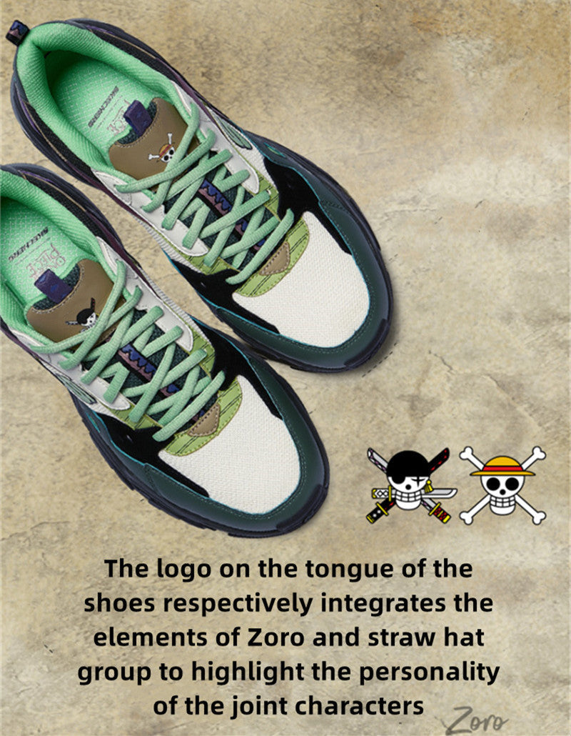 One Piece Roronoa Zoro Anime Sneakers for Men Women, Green Multicolor Patchwork Chunky Platform Casual Shoes, Lace Up Anime Cosplay Street Walking Shoes, Breathable Anime Themed Footwear, Collectible Gift for One Piece Zoro Fans