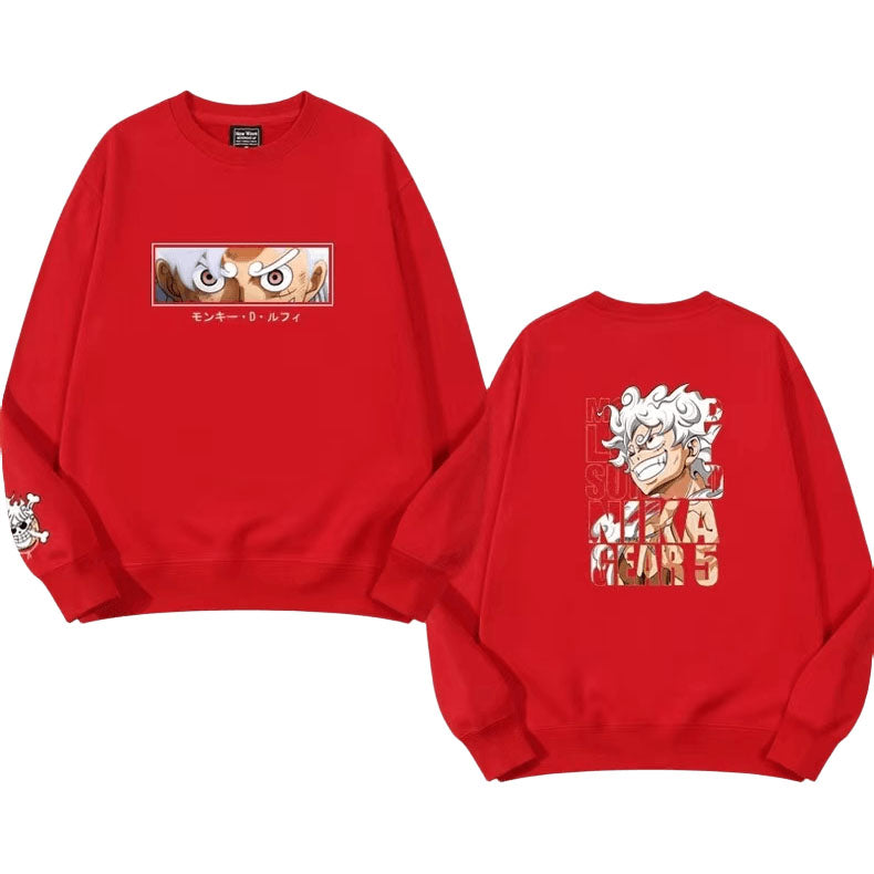 One Piece Luffy Nika Anime Crewneck Sweatshirt, Long Sleeve Pullover Sweater, Multi Color Casual Streetwear, Loose Fit Anime Print Sweatshirt, Gift for One Piece Fans