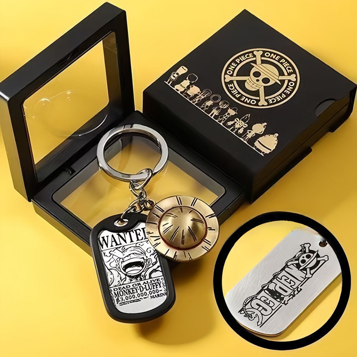 One Piece Anime Dog Tag Necklace Keychain, Luffy Zoro Ace Metal Pendant, Vintage Engraved Dog Tag, Collectible Cosplay Jewelry Gift Set with Gift Box for One Piece Fans