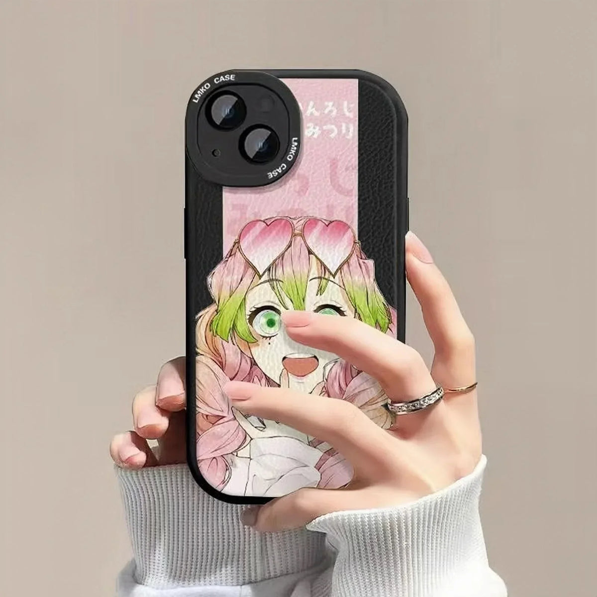 Demon Slayer Mitsuri Kanroji Anime Phone Case, Love Hashira Pink Cartoon Print Sheepskin Texture Soft Shockproof Protective Phone Cover, Cute Anime Phone Shell for iPhone, Kimetsu no Yaiba Merch Gift for Fans