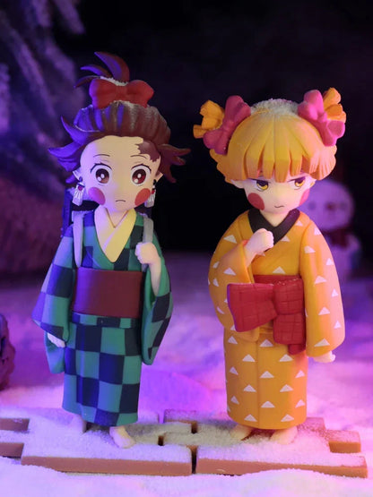 Demon Slayer Kimetsu no Yaiba Anime Figure, Tanjiro Zenitsu Inosuke Kimono Version Figurine with Extra Interchangeable Face, Cute Demon Slayer Collectible Statue, Desk Decor Anime Gift for Fans