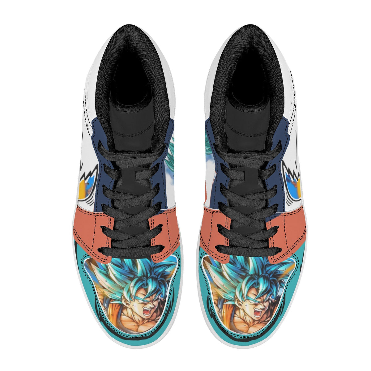 Dragon Ball Goku Super Saiyan Blue Anime High Top Sneakers, Teal White Orange Custom Print Streetwear Shoes, Men Women Casual Fashion Sneakers, Anime Fan Collectible Footwear Gift