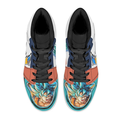 Dragon Ball Goku Super Saiyan Blue Anime High Top Sneakers, Teal White Orange Custom Print Streetwear Shoes, Men Women Casual Fashion Sneakers, Anime Fan Collectible Footwear Gift