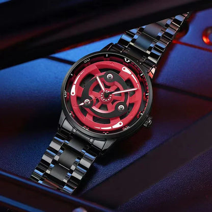 Naruto Sharingan Anime Watch for Men, Uchiha Sasuke Madara Rotating Sharingan Dial Wrist Watch, Stainless Steel Band Quartz Watch, Anime Cosplay Accessory, Collectible Gift for Naruto Fans