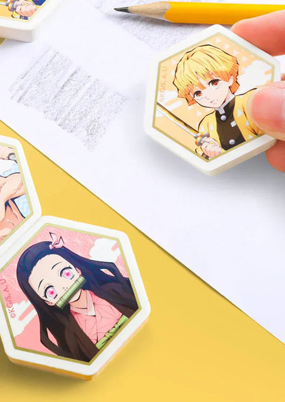Demon Slayer Kimetsu no Yaiba Hexagonal Eraser with Character Collectible Card, Anime Themed Eraser Set, Cute Stationery for Students, Anime Merch Gift for Demon Slayer Fans