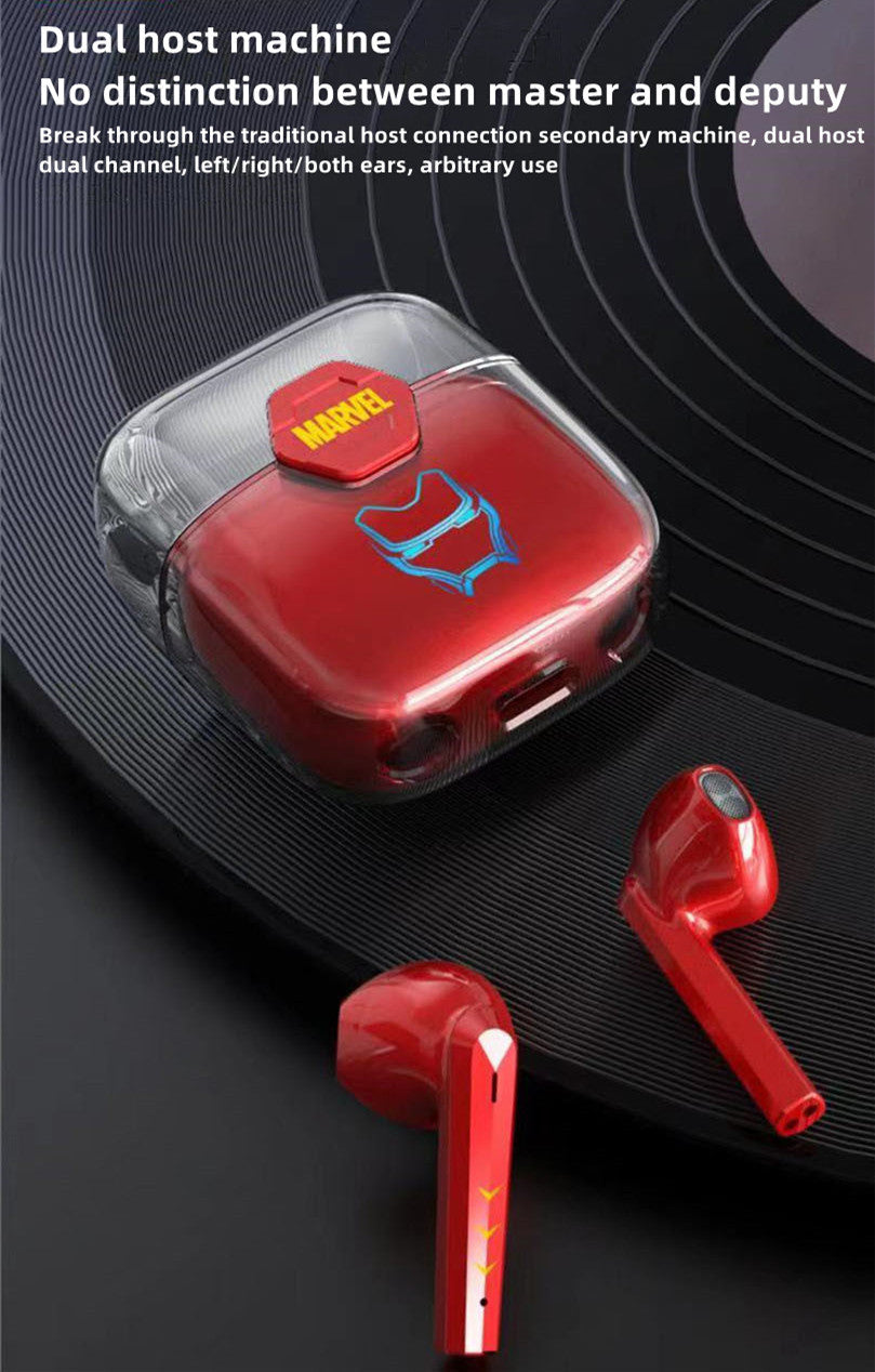 Marvel TWS True Wireless Bluetooth Earbuds, Iron Man Black Panther Semi In-ear Earphones, Transparent Charging Case Marvel Stereo Headphones, Portable Marvel Collectible Earbuds, Gift for Marvel Superhero Fans
