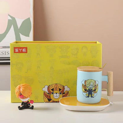 One Piece Anime Ceramic Mug with Wooden Handle, Luffy Chopper Zoro Cartoon Coffee Cup with Bamboo Lid & Spoon, Anime Water Cup Gift Set for One Piece Fans