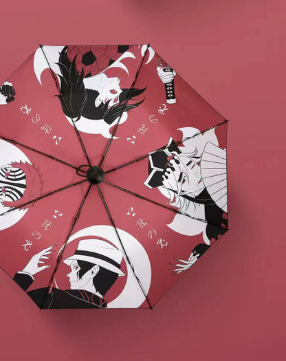 Demon Slayer Anime Folding Umbrella, Tanjiro Nezuko Zenitsu Inosuke Print Portable Compact Travel Umbrella, Sun Rain Protection Windproof Manual Umbrella with Metal Handle, Demon Slayer Fan Merch Gift