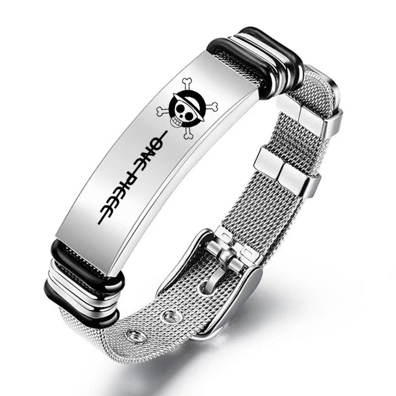 One Piece Monkey D. Luffy Roronoa Zoro Engraved Stainless Steel Mesh Bracelet Adjustable Wristband Anime Wanted Poster Jewelry Gift For Anime Fans