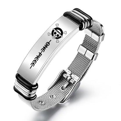 One Piece Monkey D. Luffy Roronoa Zoro Engraved Stainless Steel Mesh Bracelet Adjustable Wristband Anime Wanted Poster Jewelry Gift For Anime Fans
