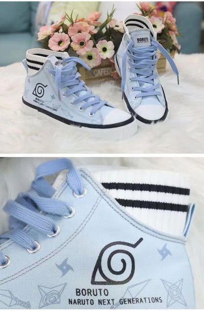 Naruto Leaf Village High Top Canvas Shoes, Anime Naruto Hidden Leaf Symbol Printed Sneakers, Light Blue Casual High-top Canvas Footwear, Anime Cosplay Daily Wear Shoes, Collectible Gift for Naruto Fans Men Women