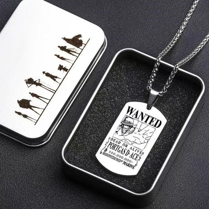 One Piece Portgas D Ace Necklace, Ace Spinning Pendant with Wanted Poster Dog Tag, Anime Whitebeard Pirates Enamel Rotatable Charm Necklace, Cosplay Jewelry Gift for One Piece Fans