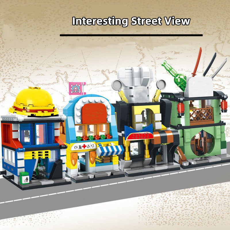 One Piece Street View Building Blocks Set, Anime 4 in 1 Modular Street Shop Model, Interlocking Brick City House Construction Toy, Collectible Display Building Kit, Gift for One Piece Anime Fans & Teenagers