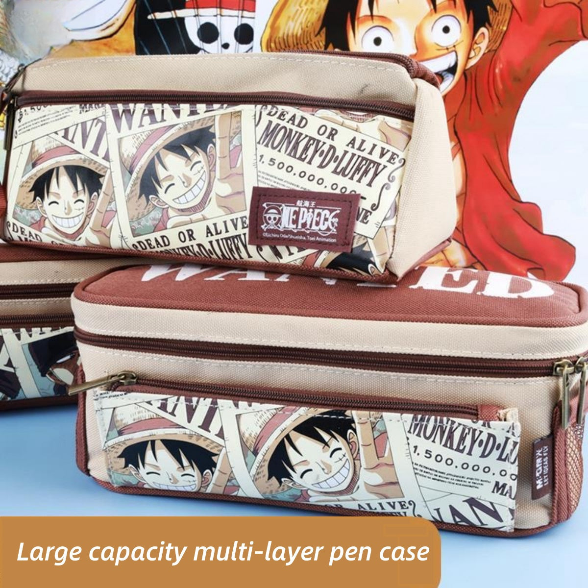 One Piece Anime Pencil Case, Luffy Zoro Sanji Chopper Wanted Poster Large Capacity Pen Bag, Multi-layer Canvas Stationery Storage Pouch, Anime School Supplies Gift for One Piece Fans