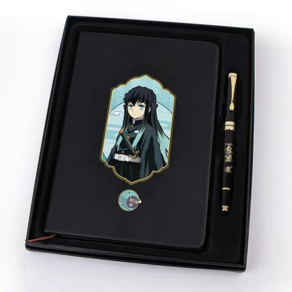 Demon Slayer Anime Notebook & Pen Gift Set, Tanjiro Nezuko Zenitsu Inosuke Character Journal with Metal Badge, Hardcover Writing Notebook Stationery Set, Anime Collectible Gift for Demon Slayer Fans