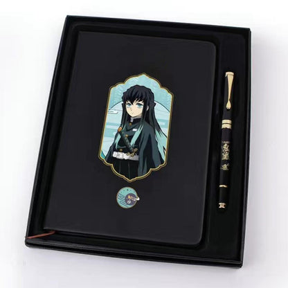 Demon Slayer Anime Notebook & Pen Gift Set, Tanjiro Nezuko Zenitsu Inosuke Character Journal with Metal Badge, Hardcover Writing Notebook Stationery Set, Anime Collectible Gift for Demon Slayer Fans