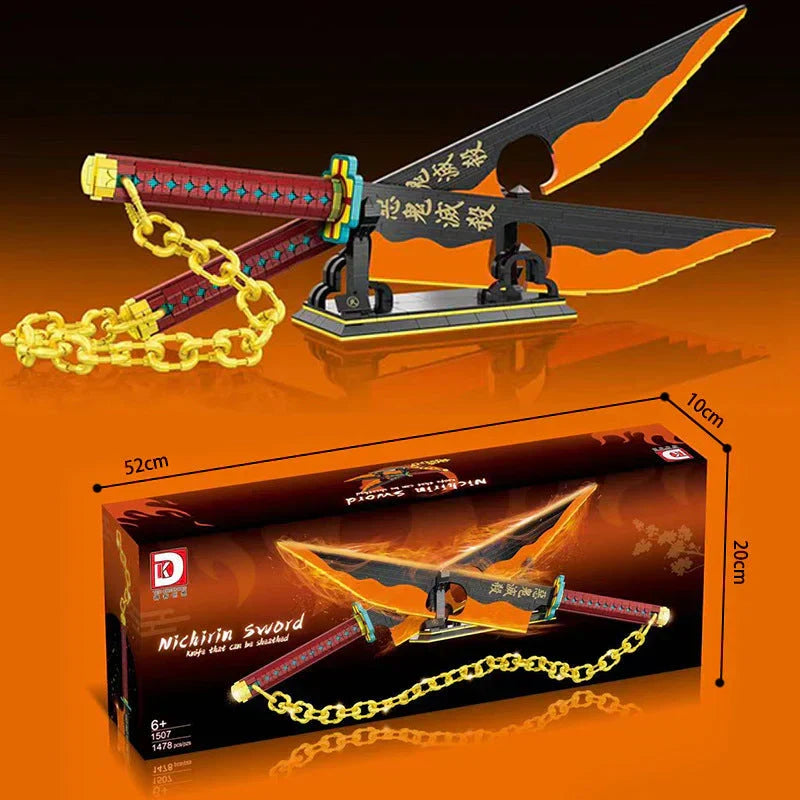 Demon Slayer Tengen Uzui Nichirin Sword Building Blocks Set, 1478Pcs Anime Double Blade Sword Model with Display Stand & Golden Chain, Interlocking Bricks Weapon Assembly Kit, Desktop Display Collectible Gift for Demon Slayer Fans