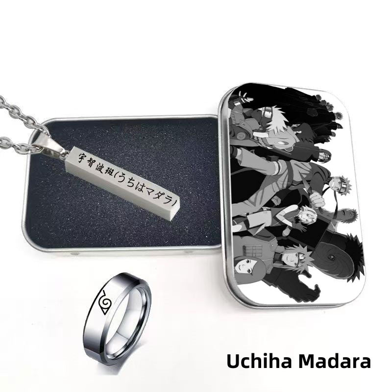 Naruto Uzumaki Anime Jewelry Set, Engraved Name Bar Pendant Necklace + Konoha Symbol Ring, Metal Collectible Gift Box, Anime Cosplay Accessory Gift Set for Naruto Fans