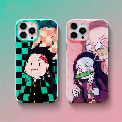 Demon Slayer Cute Chibi Tanjiro Nezuko Phone Case, Kawaii Cartoon Anime Protective Cover, Soft Shockproof Silicone Phone Shell for iPhone, Demon Slayer Manga Fan Merch Gift
