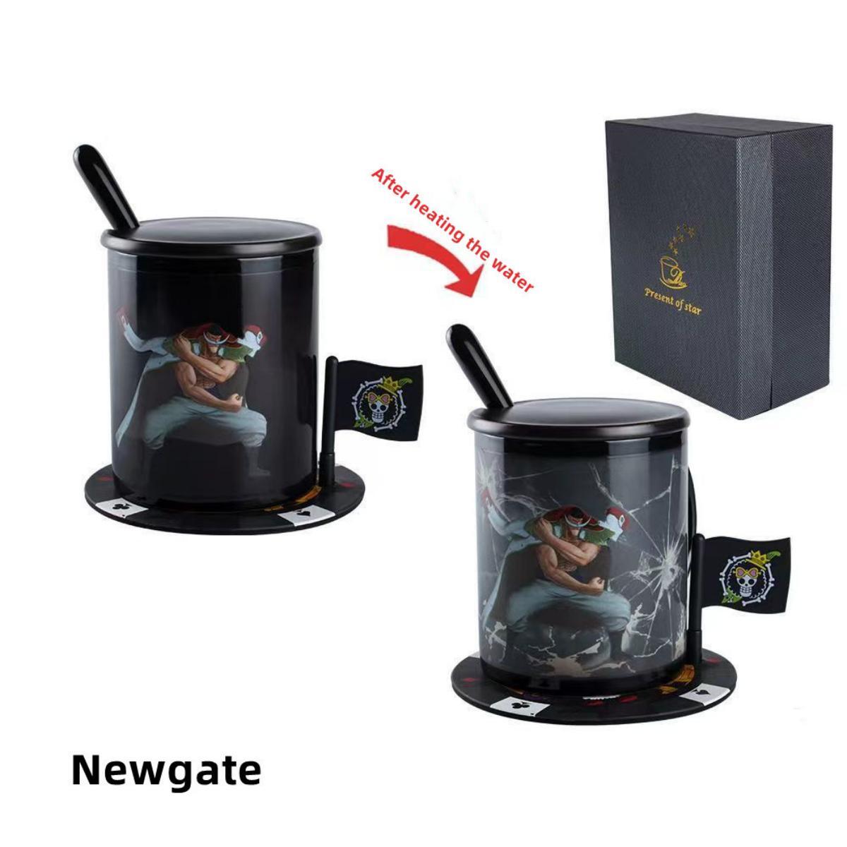 One Piece Heat Changing Magic Mug Set with Lid Spoon Coaster, Anime Luffy Zoro Ace Chopper Law Newgate Heat Sensitive Ceramic Coffee Cup, 11oz Color Changing Tea Mug, Hot Water Activated Cup, One Piece Fan Gift Box