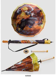 Demon Slayer Anime Katana Sword Umbrella, Nichirin Sword Shape Long Handle Umbrella, Tanjiro Zenitsu Rengoku Printed Sun Rain Stick Umbrella with Shoulder Strap, Demon Slayer Cosplay Merch Gift for Anime Fans