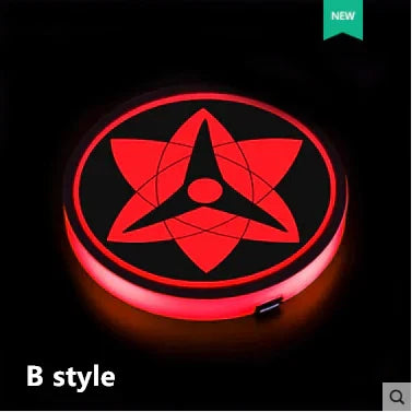 Naruto One Piece Car Accessory Gift，Anime Sharingan LED Car Cup Holder Coaster, Intelligent Sensor Light Up Cup Mat, USB Rechargeable, Multi-Color Changing Car Interior Decor.