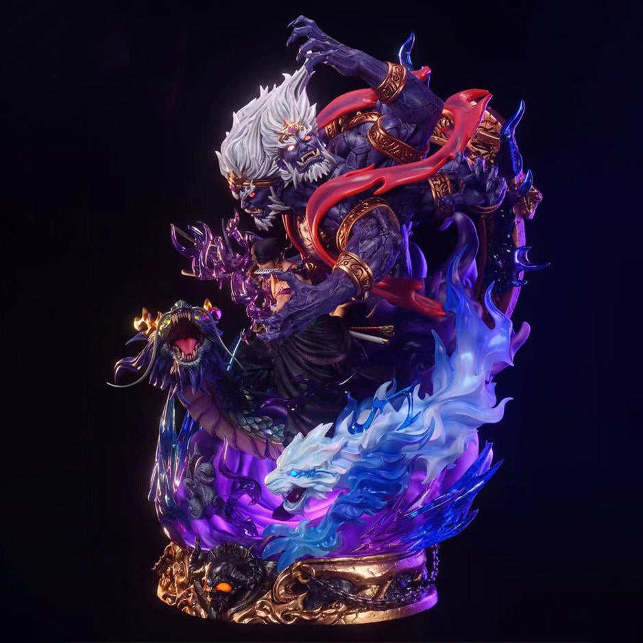 One Piece Roronoa Zoro Hell King Ghost Form Figurine Garage Kit, Luminous Statue with Dragon & Devil Scene, High Detailed Resin Anime Figure, Desktop Display Collectible Ornament, Gift for One Piece Zoro Fans