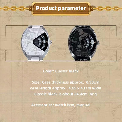 One Piece Luffy Wanted Poster Anime Wrist Watch for Men, Unique Rotating Dial Quartz Watch, Stainless Steel & Leather Strap, One Piece Skull Logo Analog Watch, Anime Cosplay Collectible Gift for One Piece Fans