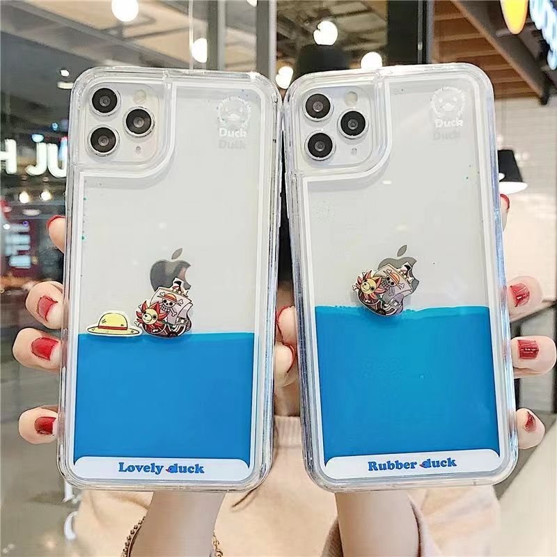 One Piece Anime Liquid Floating Phone Case for iPhone, Thousand Sunny Moving 3D Pirate Ship Clear Quicksand Case, Luffy Crew Characters Transparent Shockproof Protective Cover, Anime Fan Cute Phone Shell Gift