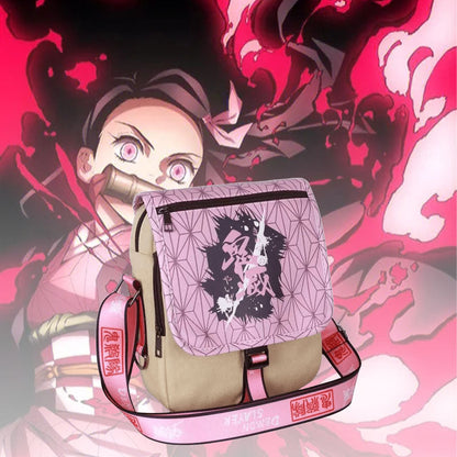 Demon Slayer Anime Crossbody Bag, Tanjiro Nezuko Zenitsu Printed Canvas Messenger Shoulder Bag, Demon Slayer Small Sling Bag, Anime Merch Crossbody Purse Gift for Demon Slayer Fans