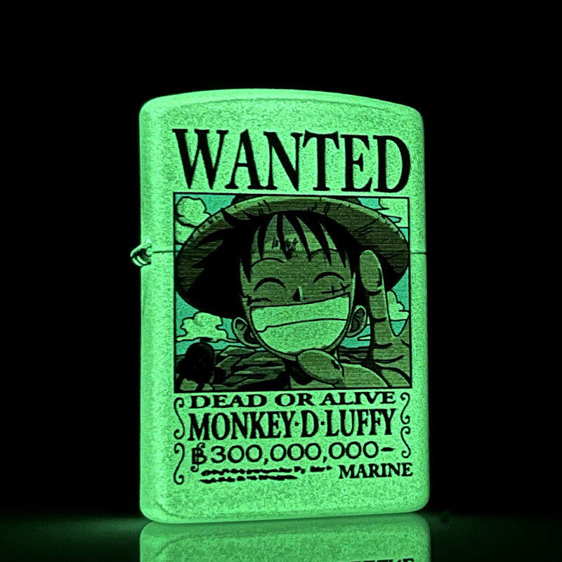 One Piece Luffy Wanted Poster Lighter, Noctilucent Glow In The Dark Kerosene Lighter, Monkey D. Luffy Bounty Poster Windproof Flip Top Metal Lighter, Anime Collectible Desktop Decoration Gift for One Piece Fans