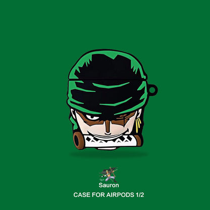 One Piece Roronoa Zoro 3D Cartoon Airpods Case, Cute Anime Zoro Silicone Earbuds Cover, Shockproof Protective Case with Keychain, One Piece Anime Merch Earphone Case for Airpods