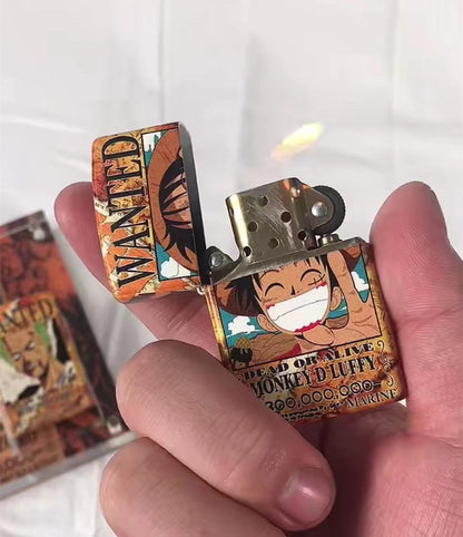 One Piece Monkey D Luffy Wanted Poster Kerosene Lighter, Anime Luffy Vintage Flip Top Windproof Lighter, Collectible Refillable Oil Lighter, Gift for One Piece Anime Fans